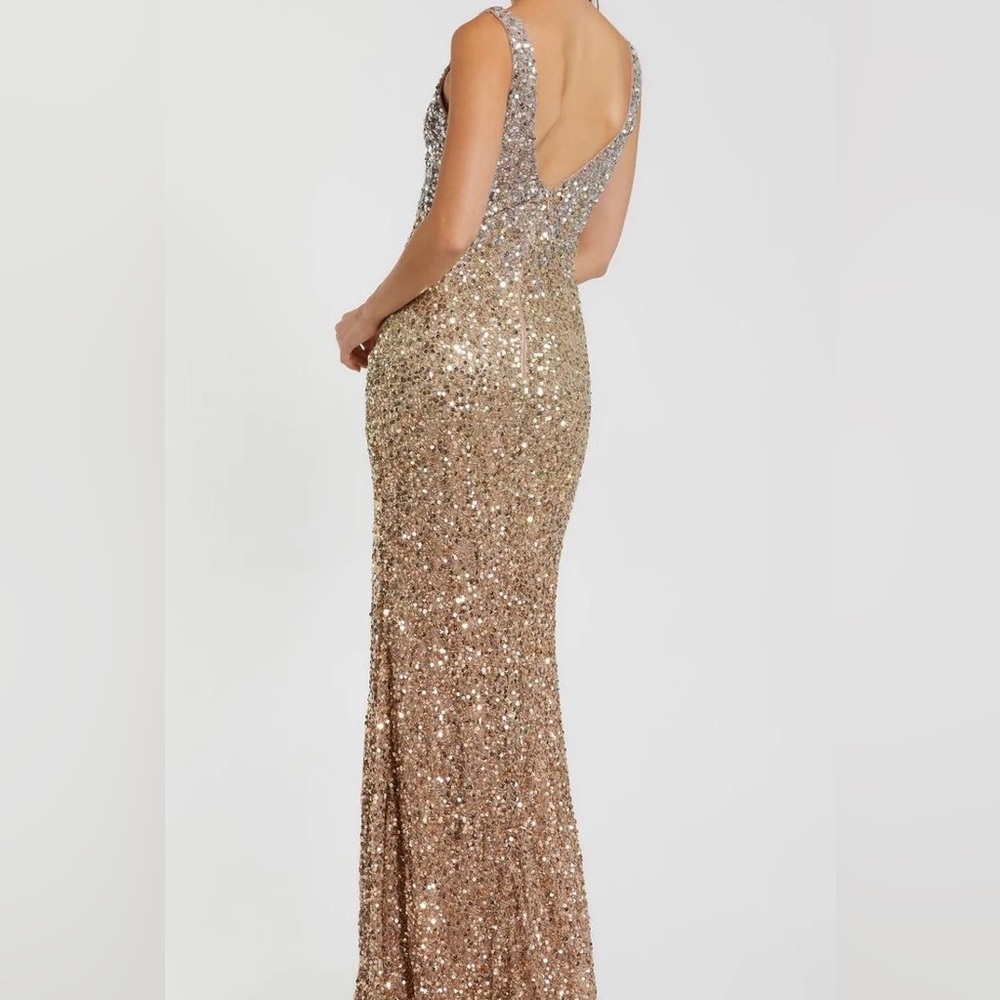 Mac Duggal Glittering Gold Sequin V-Neck High Slit Gown - Picture 2 of 2